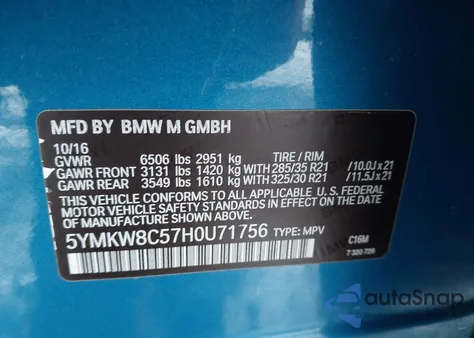 2017 BMW X6 M z USA, uszkodzony, nr VIN 5YMKW8C57H0U71756